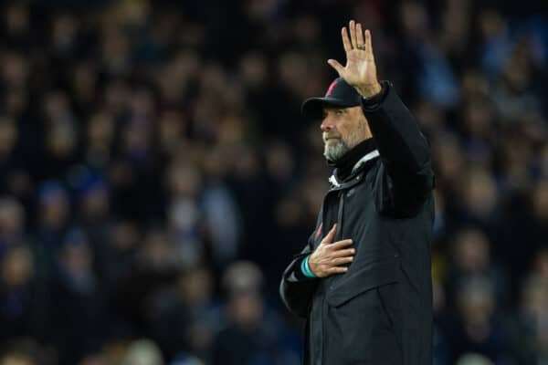 BRIGHTON & HOVE, ENGLAND - Saturday, January 14, 2023: Liverpool's manager Jürgen Klopp guestures towards the travelling supporters after the FA Premier League match between Brighton & Hove Albion FC and Liverpool FC at the Falmer Stadium. Brighton won 3-0. (Pic by David Rawcliffe/Propaganda)