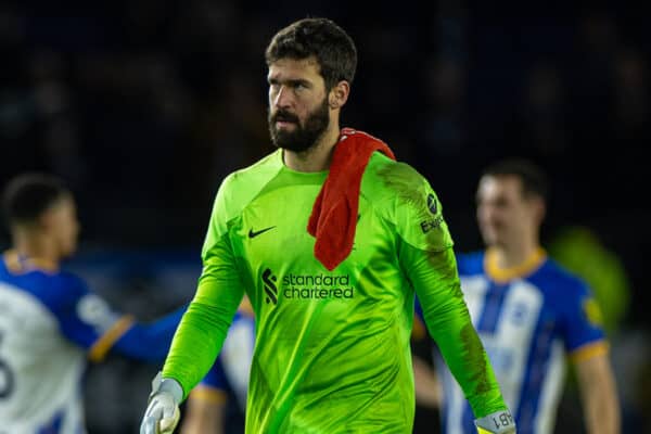 BRIGHTON & HOVE, ENGLAND - Saturday, January 14, 2023: Liverpool's goalkeeper Alisson Becker looks dejected after the FA Premier League match between Brighton & Hove Albion FC and Liverpool FC at the Falmer Stadium. Brighton won 3-0. (Pic by David Rawcliffe/Propaganda)