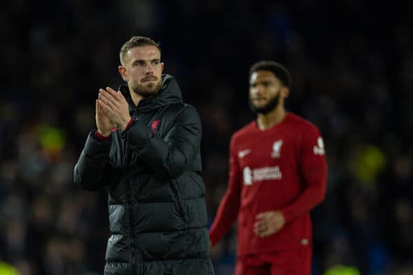 BRIGHTON & HOVE, ENGLAND - Saturday, January 14, 2023: Liverpool's captain Jordan Henderson applauds the supporters after the FA Premier League match between Brighton & Hove Albion FC and Liverpool FC at the Falmer Stadium. Brighton won 3-0. (Pic by David Rawcliffe/Propaganda)