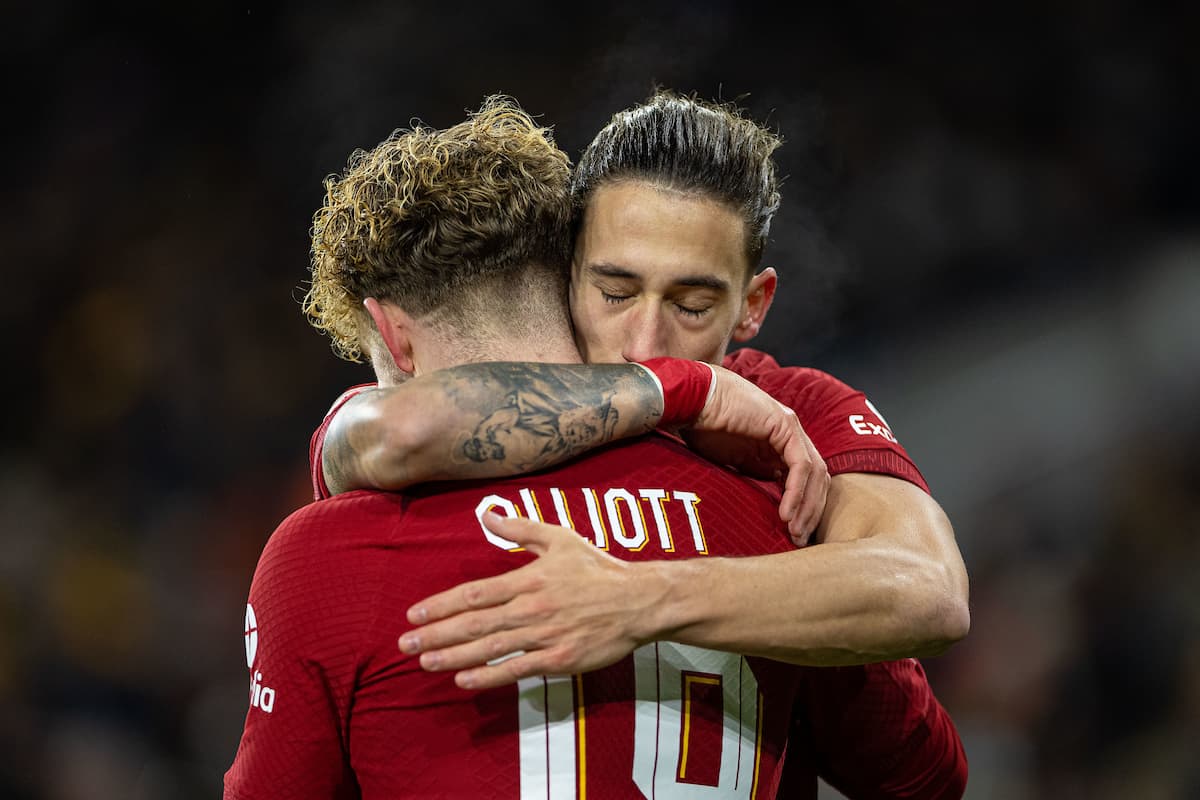 WOLVERHAMPTON, ENGLAND - Tuesday, January 17, 2023: Liverpool's Harvey Elliott (L) celebrateswith team-mate Kostas Tsimikas after scoring the first goal during the FA Cup 3rd Round Replay match between Wolverhampton Wanderers FC and Liverpool FC at Molineux Stadium. (Pic by David Rawcliffe/Propaganda)