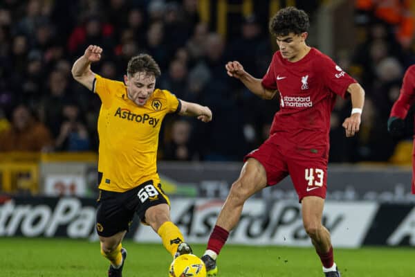 WOLVERHAMPTON, ENGLAND - Tuesday, January 17, 2023: Wolverhampton Wanderers' Joe Hodge (L) is challenged by Liverpool's Stefan Bajcetic during the FA Cup 3rd Round Replay match between Wolverhampton Wanderers FC and Liverpool FC at Molineux Stadium. (Pic by David Rawcliffe/Propaganda)