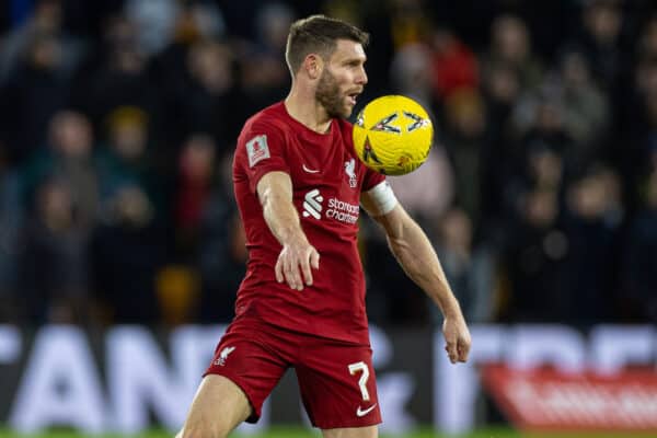 WOLVERHAMPTON, ENGLAND - Tuesday, January 17, 2023: Liverpool's captain James Milner during the FA Cup 3rd Round Replay match between Wolverhampton Wanderers FC and Liverpool FC at Molineux Stadium. (Pic by David Rawcliffe/Propaganda)