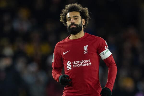 WOLVERHAMPTON, ENGLAND - Tuesday, January 17, 2023: Liverpool's captain Mohamed Salah during the FA Cup 3rd Round Replay match between Wolverhampton Wanderers FC and Liverpool FC at Molineux Stadium. (Pic by David Rawcliffe/Propaganda)