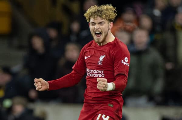 WOLVERHAMPTON, ENGLAND - Tuesday, January 17, 2023: Liverpool's match-winning goal-scorer Harvey Elliott celebrates after the FA Cup 3rd Round Replay match between Wolverhampton Wanderers FC and Liverpool FC at Molineux Stadium. (Pic by David Rawcliffe/Propaganda)