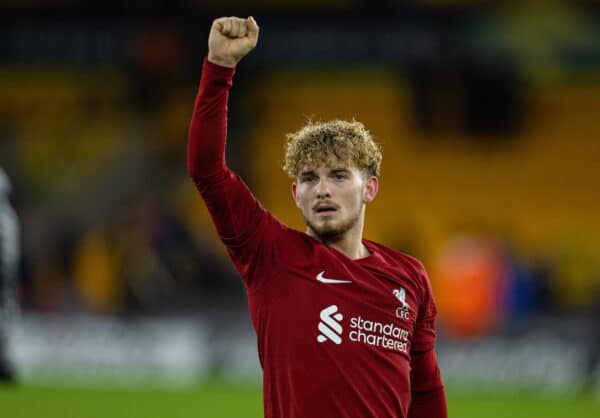 WOLVERHAMPTON, ENGLAND - Tuesday, January 17, 2023: Liverpool's match-winning goal-scorer Harvey Elliott celebrates after the FA Cup 3rd Round Replay match between Wolverhampton Wanderers FC and Liverpool FC at Molineux Stadium. (Pic by David Rawcliffe/Propaganda)