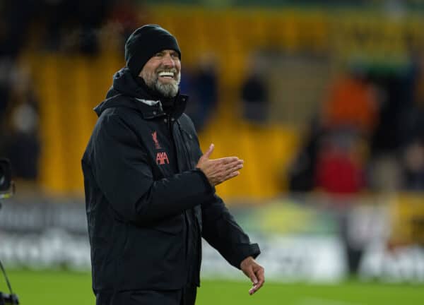 WOLVERHAMPTON, ENGLAND - Tuesday, January 17, 2023: Liverpool's manager Jürgen Klopp celebrates after the FA Cup 3rd Round Replay match between Wolverhampton Wanderers FC and Liverpool FC at Molineux Stadium. (Pic by David Rawcliffe/Propaganda)