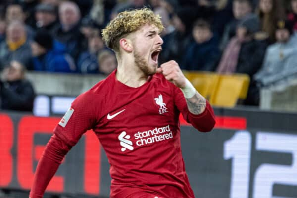 WOLVERHAMPTON, ENGLAND - Tuesday, January 17, 2023: Liverpool's Harvey Elliott celebrates after scoring the first goal during the FA Cup 3rd Round Replay match between Wolverhampton Wanderers FC and Liverpool FC at Molineux Stadium. (Pic by David Rawcliffe/Propaganda)