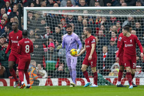 LIVERPOOL, ENGLAND - Saturday, January 21, 2023: Liverpool's goalkeeper Alisson Becker and team-mates await a VAR check before Chelsea's opening goal was disallowed during the FA Premier League match between Liverpool FC and Chelsea FC at Anfield. (Pic by David Rawcliffe/Propaganda)