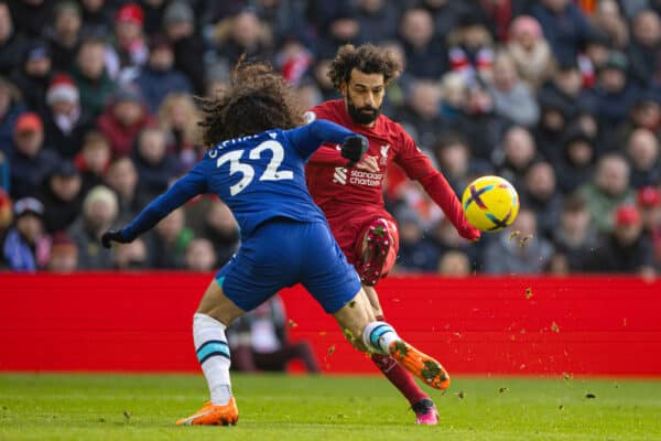 LIVERPOOL, ENGLAND - Saturday, January 21, 2023: Liverpool's Mohamed Salah shoots during the FA Premier League match between Liverpool FC and Chelsea FC at Anfield. (Pic by David Rawcliffe/Propaganda)