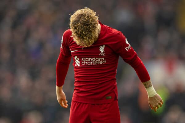 LIVERPOOL, ENGLAND - Saturday, January 21, 2023: Liverpool's Harvey Elliott looks dejected after missing a chance during the FA Premier League match between Liverpool FC and Chelsea FC at Anfield. (Pic by David Rawcliffe/Propaganda)