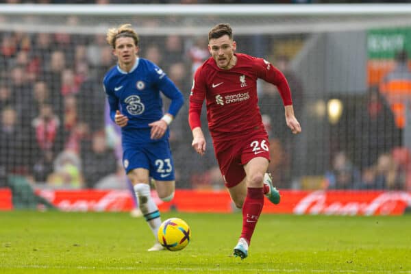 LIVERPOOL, ENGLAND - Saturday, January 21, 2023: Liverpool's Andy Robertson during the FA Premier League match between Liverpool FC and Chelsea FC at Anfield. (Pic by David Rawcliffe/Propaganda)