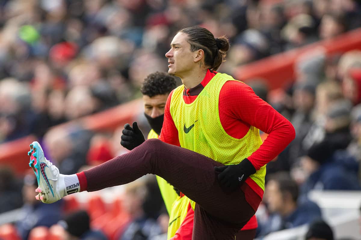 LIVERPOOL, ENGLAND - Saturday, January 21, 2023: Liverpool's substitute Darwin Núñez warms-up during the FA Premier League match between Liverpool FC and Chelsea FC at Anfield. (Pic by David Rawcliffe/Propaganda)