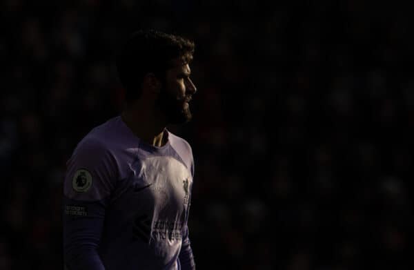 LIVERPOOL, ENGLAND - Saturday, January 21, 2023: Liverpool's goalkeeper Alisson Becker during the FA Premier League match between Liverpool FC and Chelsea FC at Anfield. (Pic by David Rawcliffe/Propaganda)