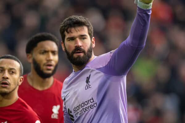 LIVERPOOL, ENGLAND - Saturday, January 21, 2023: Liverpool's goalkeeper Alisson Becker during the FA Premier League match between Liverpool FC and Chelsea FC at Anfield. (Pic by David Rawcliffe/Propaganda)