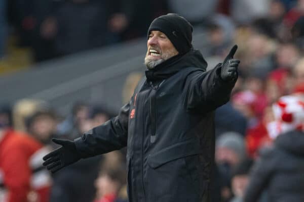 LIVERPOOL, ENGLAND - Saturday, January 21, 2023: Liverpool's manager Jürgen Klopp reacts during the FA Premier League match between Liverpool FC and Chelsea FC at Anfield. (Pic by David Rawcliffe/Propaganda)