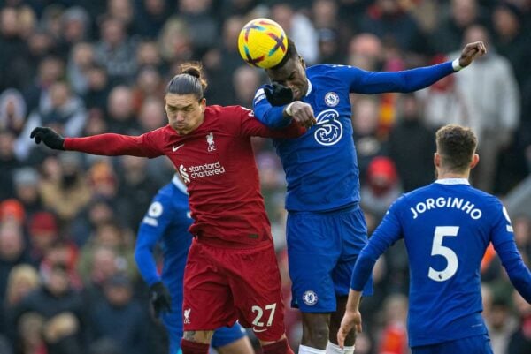 LIVERPOOL, ENGLAND - Saturday, January 21, 2023: Liverpool's Darwin Núñez (L) challenges for a header with Chelsea's Benoît Badiashile during the FA Premier League match between Liverpool FC and Chelsea FC at Anfield. (Pic by David Rawcliffe/Propaganda)