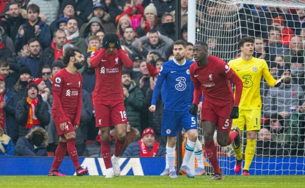 LIVERPOOL, ENGLAND - Saturday, January 21, 2023: Liverpool's Cody Gakpo (2nd from L) looks dejected after missing a chance during the FA Premier League match between Liverpool FC and Chelsea FC at Anfield. (Pic by David Rawcliffe/Propaganda)