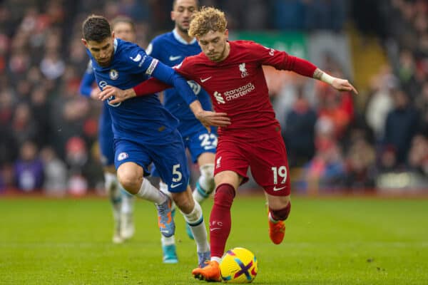 LIVERPOOL, ENGLAND - Saturday, January 21, 2023: Liverpool's Harvey Elliott (R) is challenged by Chelsea's Jorge Luiz Frello Filho 'Jorginho' during the FA Premier League match between Liverpool FC and Chelsea FC at Anfield. (Pic by David Rawcliffe/Propaganda)