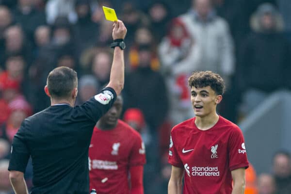 LIVERPOOL, ENGLAND - Saturday, January 21, 2023: Liverpool's Stefan Bajcetic is shown a yellow card during the FA Premier League match between Liverpool FC and Chelsea FC at Anfield. (Pic by David Rawcliffe/Propaganda)