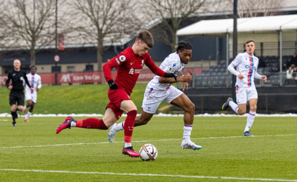 LIVERPOOL, ENGLAND - Sunday, January 22, 2023: Liverpool's Ben Doak during the Premier League 2 Division 1 match between Liverpool FC Under-21's and Crystal Palace FC Under-21's at the Liverpool Academy. (Pic by David Rawcliffe/Propaganda)