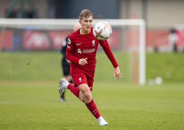 LIVERPOOL, ENGLAND - Sunday, January 22, 2023: Liverpool's Max Woltman during the Premier League 2 Division 1 match between Liverpool FC Under-21's and Crystal Palace FC Under-21's at the Liverpool Academy. (Pic by David Rawcliffe/Propaganda)