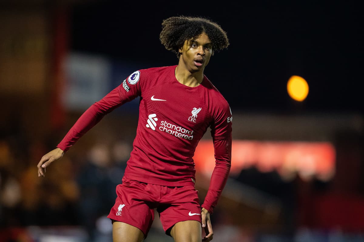 KIDDERMINSTER, ENGLAND - Friday, January 27, 2023: Liverpool's Harvey Blair during the Premier League 2 Division 1 match between Wolverhampton Wanderers FC Under-21's and Liverpool FC Under-21's at Aggborough Stadium. (Pic by Jessica Hornby/Propaganda)