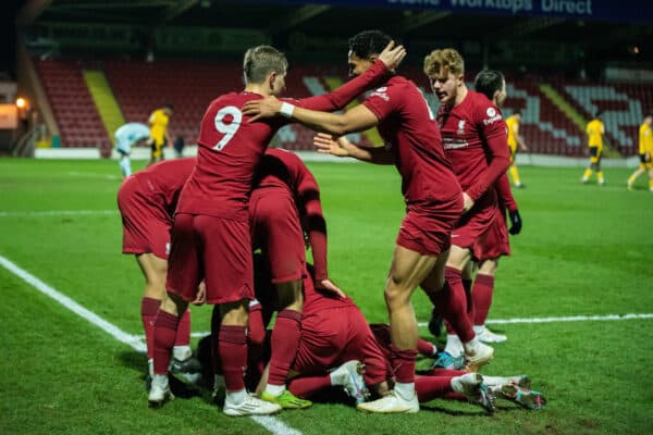 KIDDERMINSTER, ENGLAND - Friday, January 27, 2023: Liverpool's Oakley Cannonier celebrates scoring the opening goal with team-mates during the Premier League 2 Division 1 match between Wolverhampton Wanderers FC Under-21's and Liverpool FC Under-21's at Aggborough Stadium. (Pic by Jessica Hornby/Propaganda)