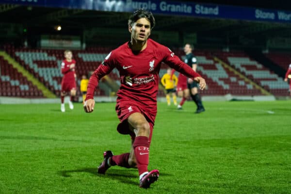 KIDDERMINSTER, ENGLAND - Friday, January 27, 2023: Liverpool's Oakley Cannonier celebrates scoring the only goal during the Premier League 2 Division 1 match between Wolverhampton Wanderers FC Under-21's and Liverpool FC Under-21's at Aggborough Stadium. (Pic by Jessica Hornby/Propaganda)