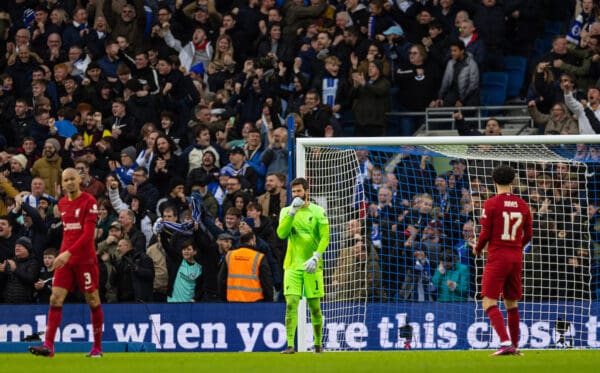 BRIGHTON & HOVE, ENGLAND - Sunday, January 29, 2023: Liverpool's goalkeeper Alisson Becker looks dejected as Brighton & Hove Albion score a late second goal during the FA Cup 4th Round match between Brighton & Hove Albion FC and Liverpool FC at the Falmer Stadium. (Pic by David Rawcliffe/Propaganda)