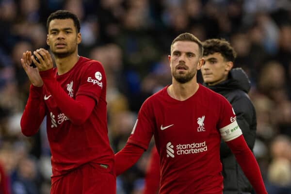 BRIGHTON & HOVE, ENGLAND - Sunday, January 29, 2023: Liverpool's Cody Gakpo (L) applauds the supporters as captain Jordan Henderson looks dejected after the FA Cup 4th Round match between Brighton & Hove Albion FC and Liverpool FC at the Falmer Stadium. Brighton won 2-1. (Pic by David Rawcliffe/Propaganda)