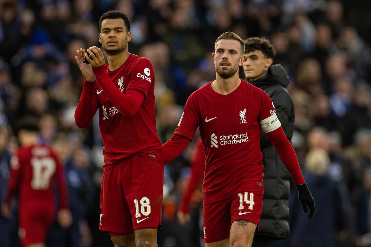 BRIGHTON & HOVE, ENGLAND - Sunday, January 29, 2023: Liverpool's Cody Gakpo (L) applauds the supporters as captain Jordan Henderson looks dejected after the FA Cup 4th Round match between Brighton & Hove Albion FC and Liverpool FC at the Falmer Stadium. Brighton won 2-1. (Pic by David Rawcliffe/Propaganda)