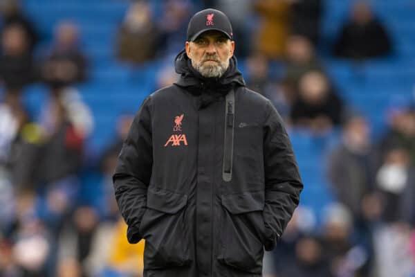 BRIGHTON & HOVE, ENGLAND - Sunday, January 29, 2023: Liverpool's manager Jürgen Klopp during the pre-match warm-up before the FA Cup 4th Round match between Brighton & Hove Albion FC and Liverpool FC at the Falmer Stadium. (Pic by David Rawcliffe/Propaganda)