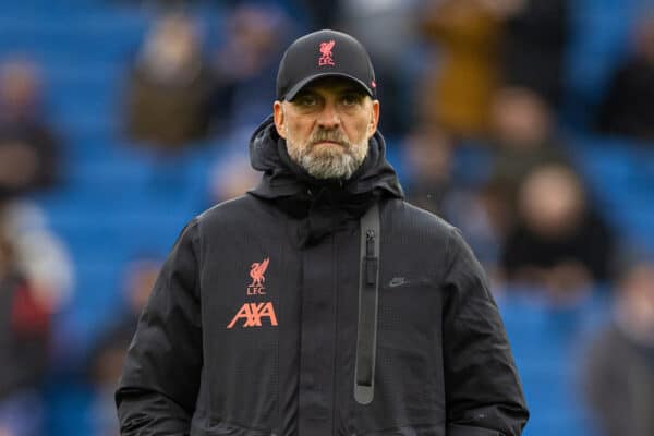 BRIGHTON & HOVE, ENGLAND - Sunday, January 29, 2023: Liverpool's manager Jürgen Klopp during the pre-match warm-up before the FA Cup 4th Round match between Brighton & Hove Albion FC and Liverpool FC at the Falmer Stadium. (Pic by David Rawcliffe/Propaganda)