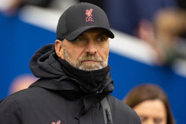 BRIGHTON & HOVE, ENGLAND - Sunday, January 29, 2023: Liverpool's manager Jürgen Klopp before the FA Cup 4th Round match between Brighton & Hove Albion FC and Liverpool FC at the Falmer Stadium. (Pic by David Rawcliffe/Propaganda)