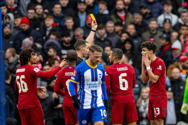 BRIGHTON & HOVE, ENGLAND - Sunday, January 29, 2023: Liverpool's Stefan Bajcetic is shown a yellow card by referee David Coote during the FA Cup 4th Round match between Brighton & Hove Albion FC and Liverpool FC at the Falmer Stadium. (Pic by David Rawcliffe/Propaganda)