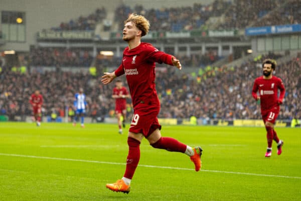 BRIGHTON & HOVE, ENGLAND - Sunday, January 29, 2023: Liverpool's Harvey Elliott celebrates after scoring the first goal during the FA Cup 4th Round match between Brighton & Hove Albion FC and Liverpool FC at the Falmer Stadium. (Pic by David Rawcliffe/Propaganda)