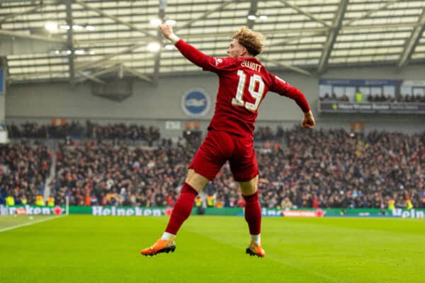 BRIGHTON & HOVE, ENGLAND - Sunday, January 29, 2023: Liverpool's Harvey Elliott celebrates after scoring the first goal during the FA Cup 4th Round match between Brighton & Hove Albion FC and Liverpool FC at the Falmer Stadium. (Pic by David Rawcliffe/Propaganda)