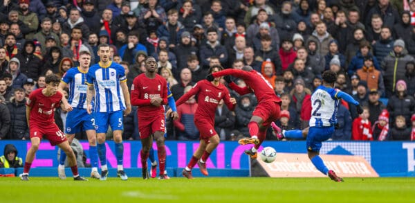 BRIGHTON & HOVE, ENGLAND - Sunday, January 29, 2023: Brighton & Hove Albion's Tariq Lamptey shoots, before captain Lewis Dunk (#5) deflects the ball to score the first equalising goal during the FA Cup 4th Round match between Brighton & Hove Albion FC and Liverpool FC at the Falmer Stadium. (Pic by David Rawcliffe/Propaganda)