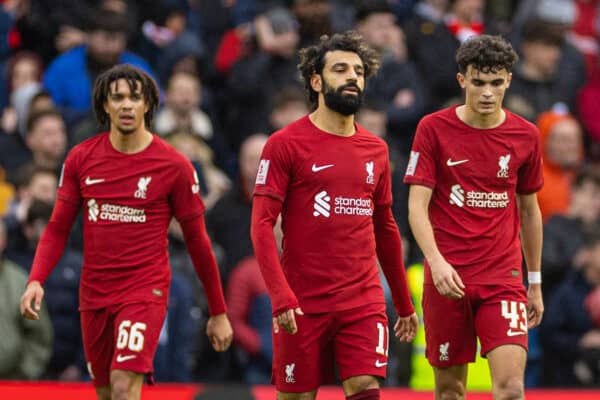 BRIGHTON & HOVE, ENGLAND - Sunday, January 29, 2023: Liverpool's (L-R) Trent Alexander-Arnold, Mohamed Salah and Stefan Bajcetic look dejected as Brighton & Hove Albion score the first equalising goal during the FA Cup 4th Round match between Brighton & Hove Albion FC and Liverpool FC at the Falmer Stadium. (Pic by David Rawcliffe/Propaganda)