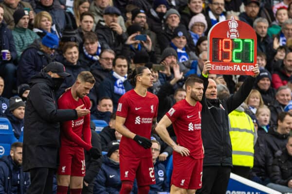 BRIGHTON & HOVE, ENGLAND - Sunday, January 29, 2023: Liverpool's manager Jürgen Klopp makes a triple substitute bringing on captain Jordan Henderson, Darwin Núñez and James Milner during the FA Cup 4th Round match between Brighton & Hove Albion FC and Liverpool FC at the Falmer Stadium. (Pic by David Rawcliffe/Propaganda)