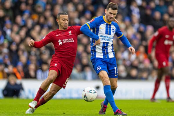 BRIGHTON & HOVE, ENGLAND - Sunday, January 29, 2023: Liverpool's Thiago Alcântara (L) and Brighton & Hove Albion's Pascal Gorss (Groß) during the FA Cup 4th Round match between Brighton & Hove Albion FC and Liverpool FC at the Falmer Stadium. (Pic by David Rawcliffe/Propaganda)