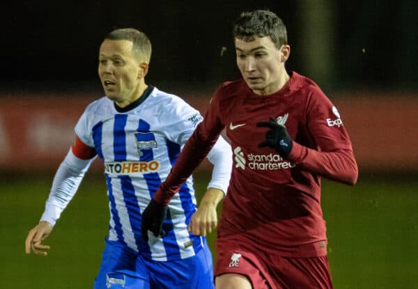 LIVERPOOL, ENGLAND - Wednesday, February 1, 2023: Liverpool's Mateusz Musialowski (R) scores his sides second goal after solo run during the Premier League International Cup match between Liverpool FC Under-23's and Hertha BSC Under-21's at the Liverpool Academy. (Pic by Jessica Hornby/Propaganda)