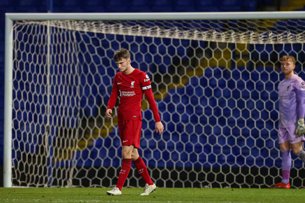 IPSWICH, ENGLAND - Friday, February 3, 2023: Liverpool's captain Terrance Miles looks dejected as Ipswich score a second goal during the FA Youth Cup 5th Round match between Ipswich Town FC Under-18's and Liverpool FC Under-18's at Portman Road. (Pic by Stephen Pond/Propaganda)