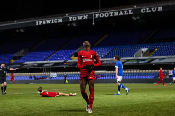 IPSWICH, ENGLAND - Friday, February 3, 2023: Liverpool's Elijah Gift looks dejected after missing a chance during the FA Youth Cup 5th Round match between Ipswich Town FC Under-18's and Liverpool FC Under-18's at Portman Road. (Pic by Stephen Pond/Propaganda)