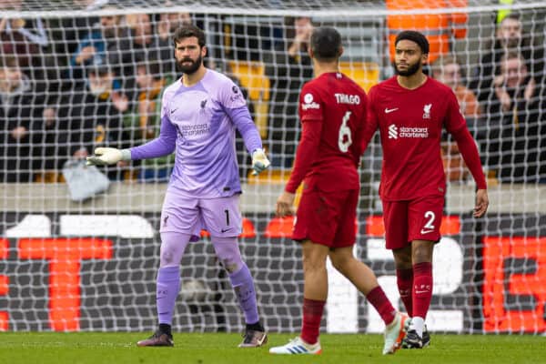 WOLVERHAMPTON, ENGLAND - Saturday, February 4, 2023: Liverpool's goalkeeper Alisson Becker looks dejected as Wolverhampton Wanderers score the opening goal during the FA Premier League match between Wolverhampton Wanderers FC and Liverpool FC at Molineux Stadium. (Pic by David Rawcliffe/Propaganda)