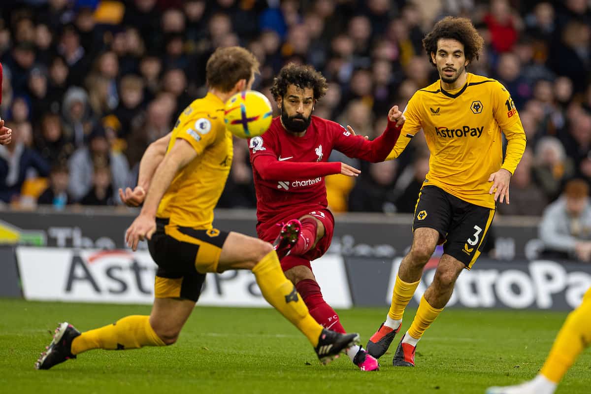 WOLVERHAMPTON, ENGLAND - Saturday, February 4, 2023: Liverpool's Mohamed Salah (C) shoots wide during the FA Premier League match between Wolverhampton Wanderers FC and Liverpool FC at Molineux Stadium. (Pic by David Rawcliffe/Propaganda)