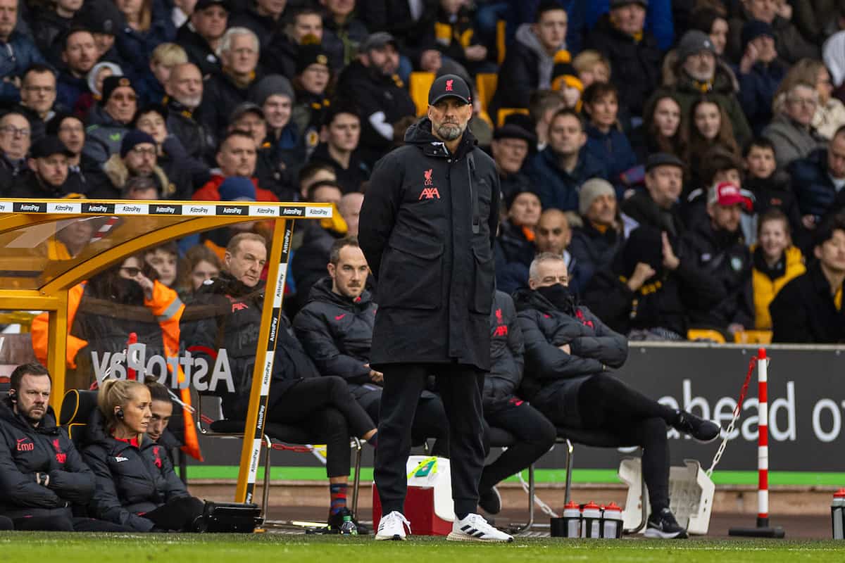 WOLVERHAMPTON, ENGLAND - Saturday, February 4, 2023: Liverpool's manager Jürgen Klopp during the FA Premier League match between Wolverhampton Wanderers FC and Liverpool FC at Molineux Stadium. (Pic by David Rawcliffe/Propaganda)