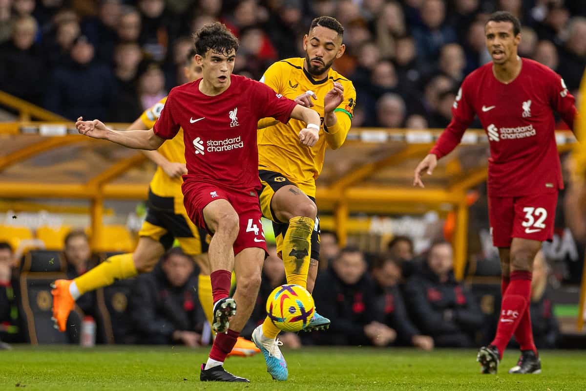 WOLVERHAMPTON, ENGLAND - Saturday, February 4, 2023: Liverpool's Stefan Bajcetic (L) during the FA Premier League match between Wolverhampton Wanderers FC and Liverpool FC at Molineux Stadium. (Pic by David Rawcliffe/Propaganda)