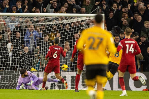 WOLVERHAMPTON, ENGLAND - Saturday, February 4, 2023: Liverpool's goalkeeper Alisson Becker is beaten as Wolverhampton Wanderers score the third goal during the FA Premier League match between Wolverhampton Wanderers FC and Liverpool FC at Molineux Stadium. (Pic by David Rawcliffe/Propaganda)