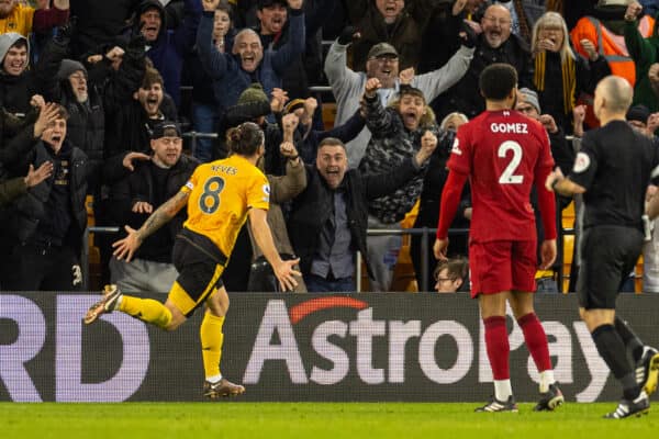 WOLVERHAMPTON, ENGLAND - Saturday, February 4, 2023: Wolverhampton Wanderers' captain Rúben Neves celebrates after scoring the third goal during the FA Premier League match between Wolverhampton Wanderers FC and Liverpool FC at Molineux Stadium. (Pic by David Rawcliffe/Propaganda)